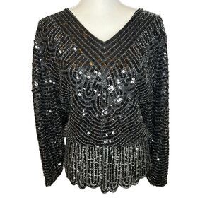 Vici Womens Blouse Top V-Neck Sequin Long Sleeve Fully Lined Black Size Small